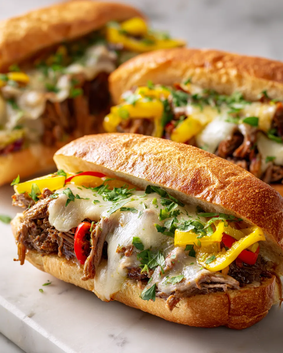 Instant Pot Italian Beef sandwich topped with provolone cheese, savory and rich flavors perfect for gatherings, ready in under 90 minutes.