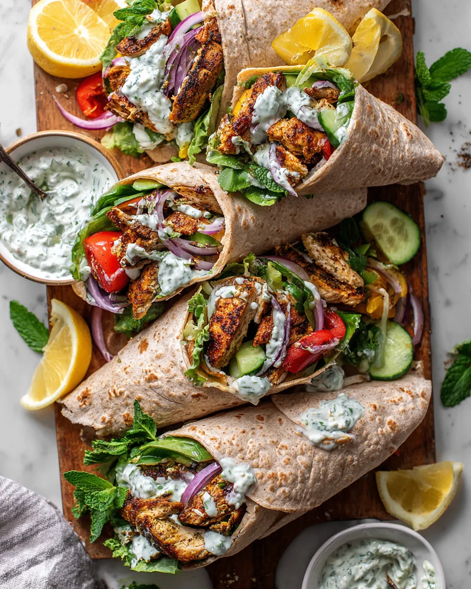 Flavorful Mediterranean Chicken Wraps Mediterranean chicken wraps with fresh veggies and tzatziki, perfect for a quick meal or meal prep, bursting with flavor and color