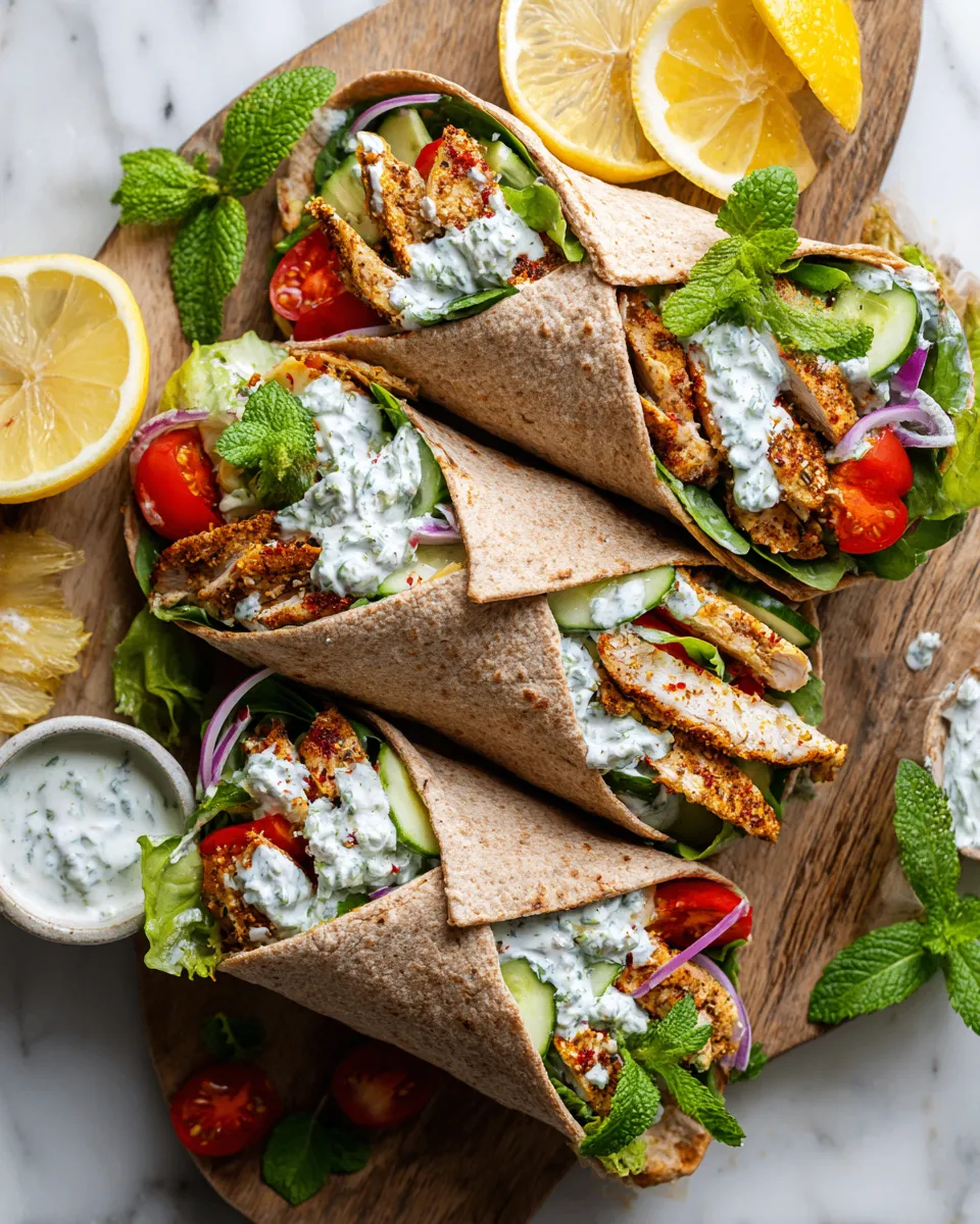 Flavorful Mediterranean Chicken Wraps Mediterranean chicken wraps with fresh veggies and tzatziki, perfect for a quick meal or meal prep, bursting with flavor and color