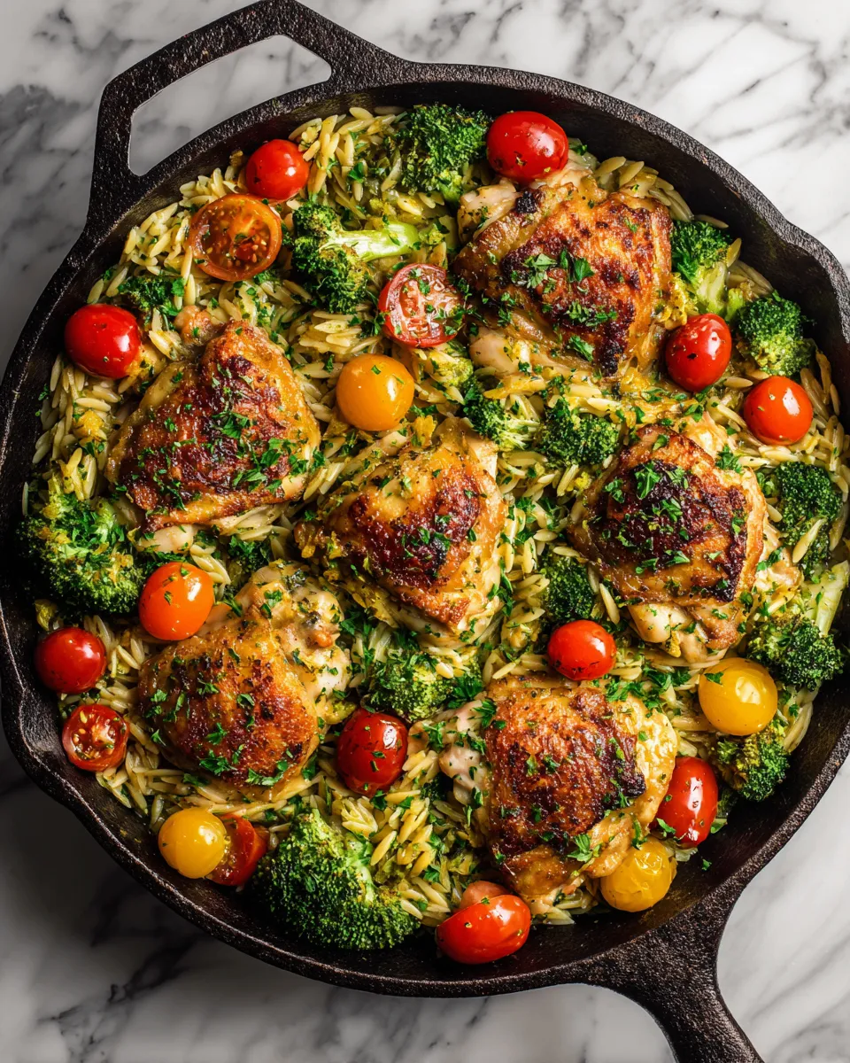 Skillet chicken thighs with broccoli and orzo, a one-pan meal that's flavorful and easy to make, perfect for quick dinners and holiday gatherings.