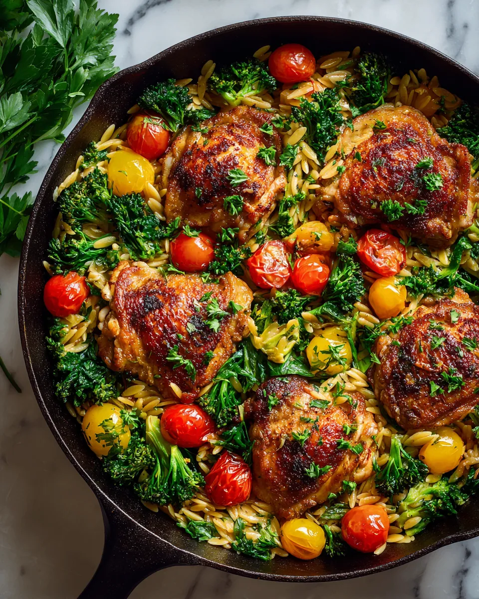 Skillet chicken thighs with broccoli and orzo, a one-pan meal that's flavorful and easy to make, perfect for quick dinners and holiday gatherings.