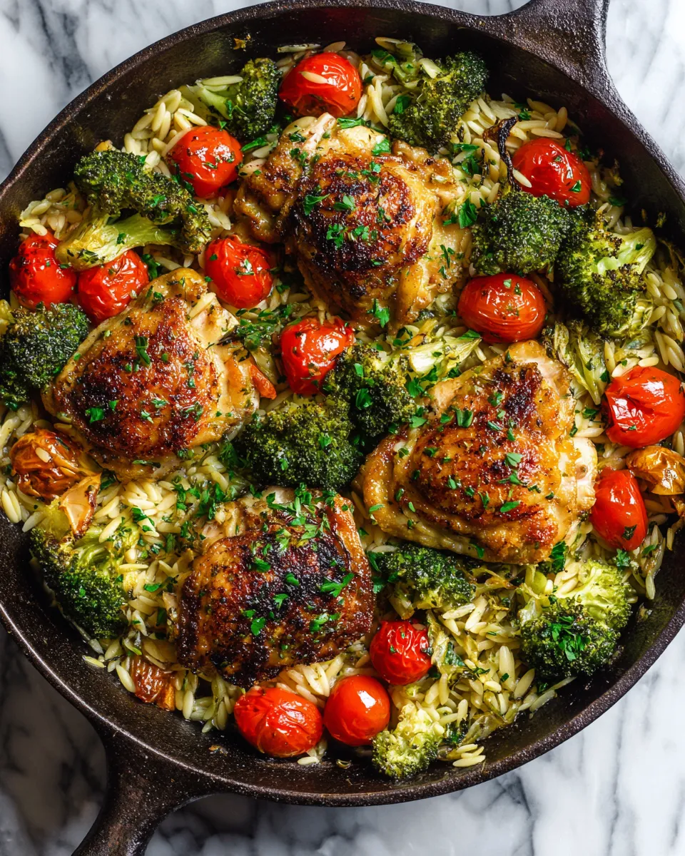 Skillet chicken thighs with broccoli and orzo, a one-pan meal that's flavorful and easy to make, perfect for quick dinners and holiday gatherings.