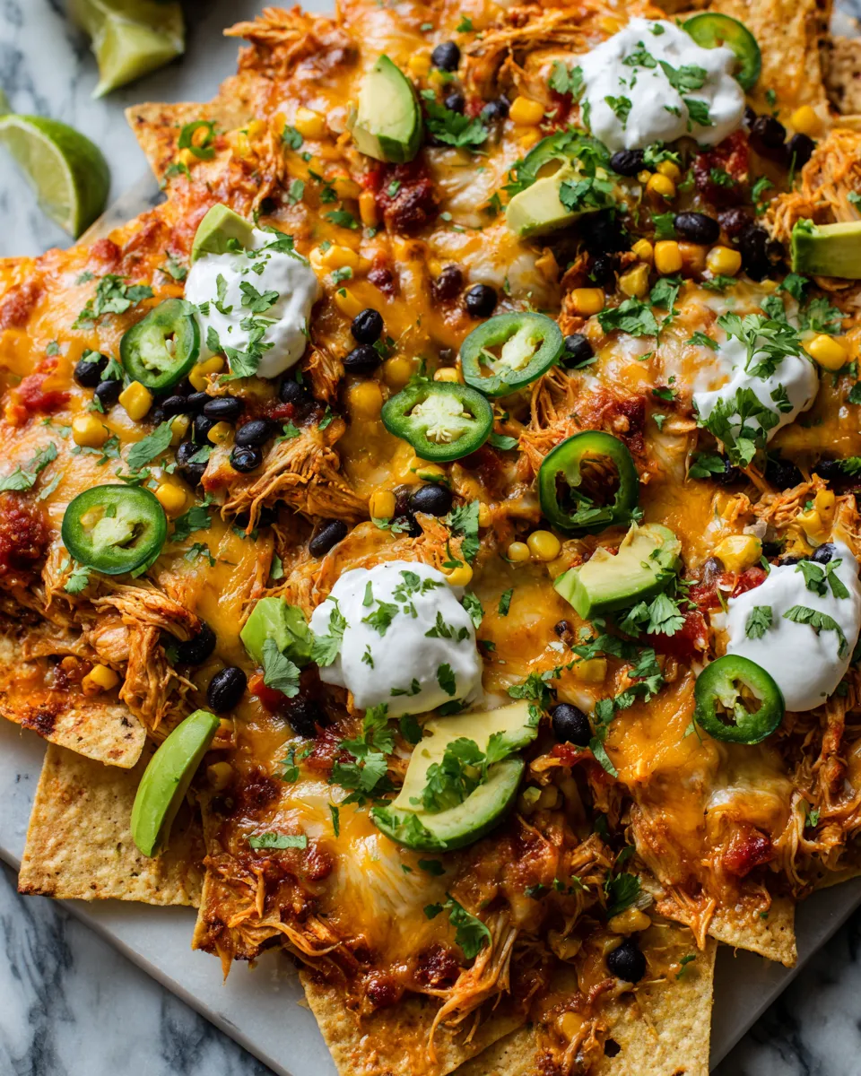 Flavorful Slow Cooker Chicken Nachos Slow Cooker Chicken Nachos topped with cheese and jalapeƱos, perfect for game day snacks or holiday gatherings.