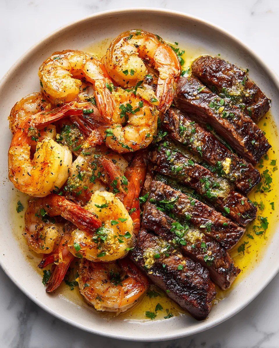 Garlic butter grilled flank steak and shrimp served with fresh parsley for festive gatherings