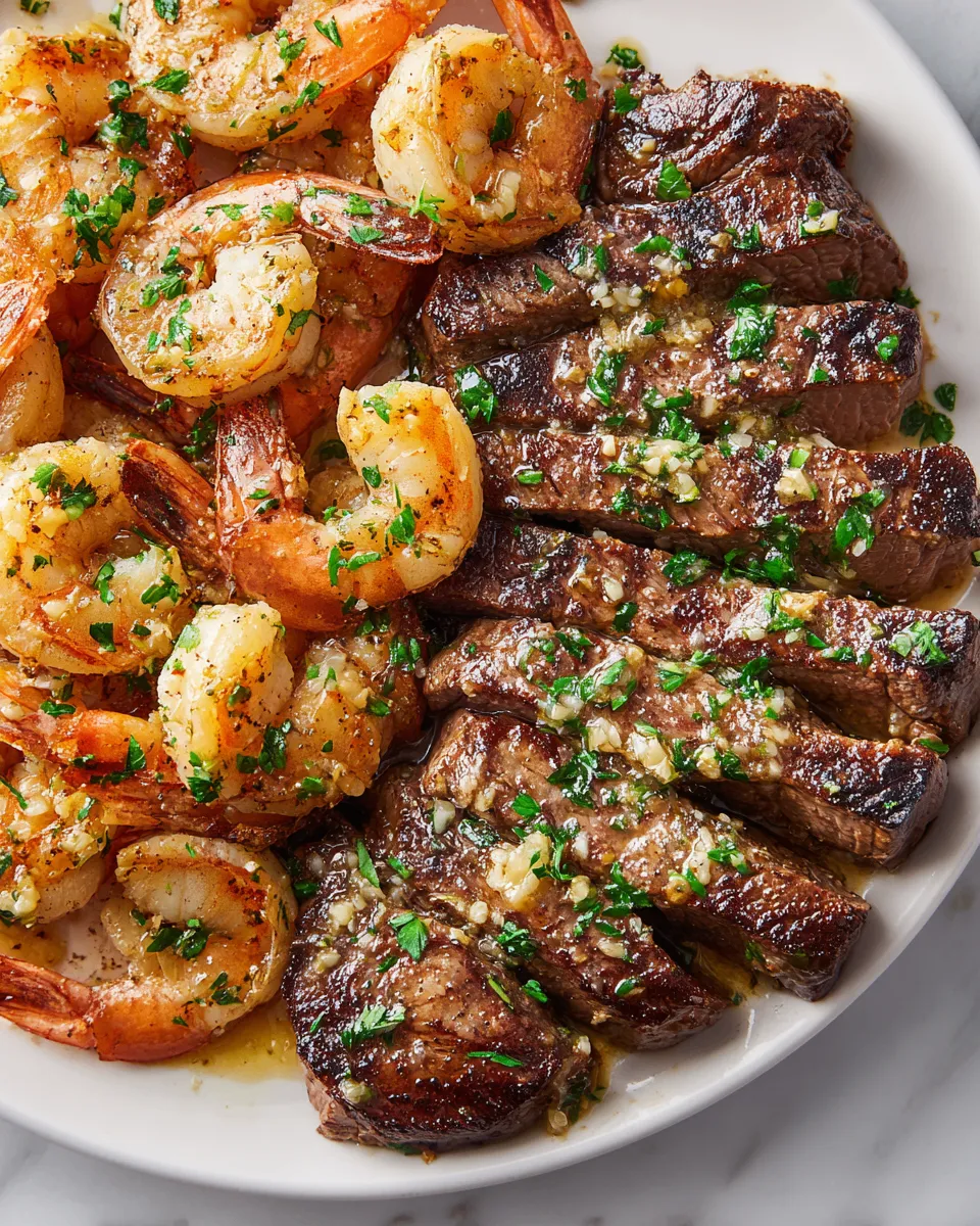 Garlic butter grilled flank steak and shrimp served with fresh parsley for festive gatherings