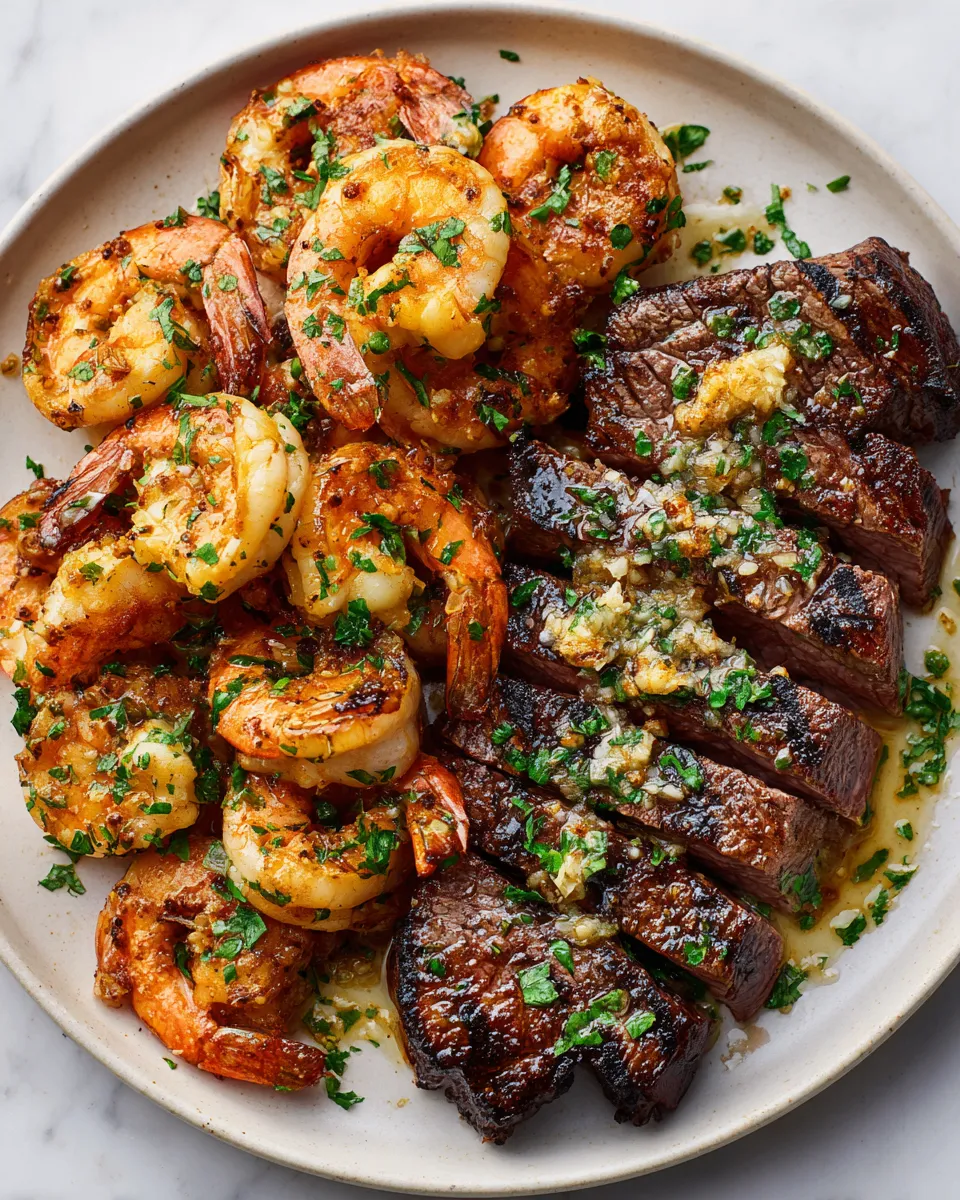 Garlic butter grilled flank steak and shrimp served with fresh parsley for festive gatherings