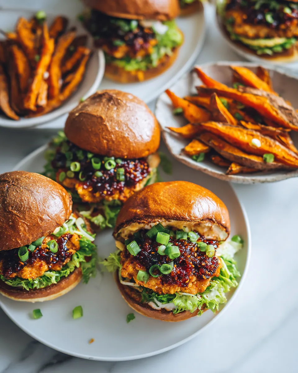 Delicious Gochujang Chicken Burgers with Kimchi Bacon Jam ready to serve, showcasing vibrant Korean flavors for festive dining.