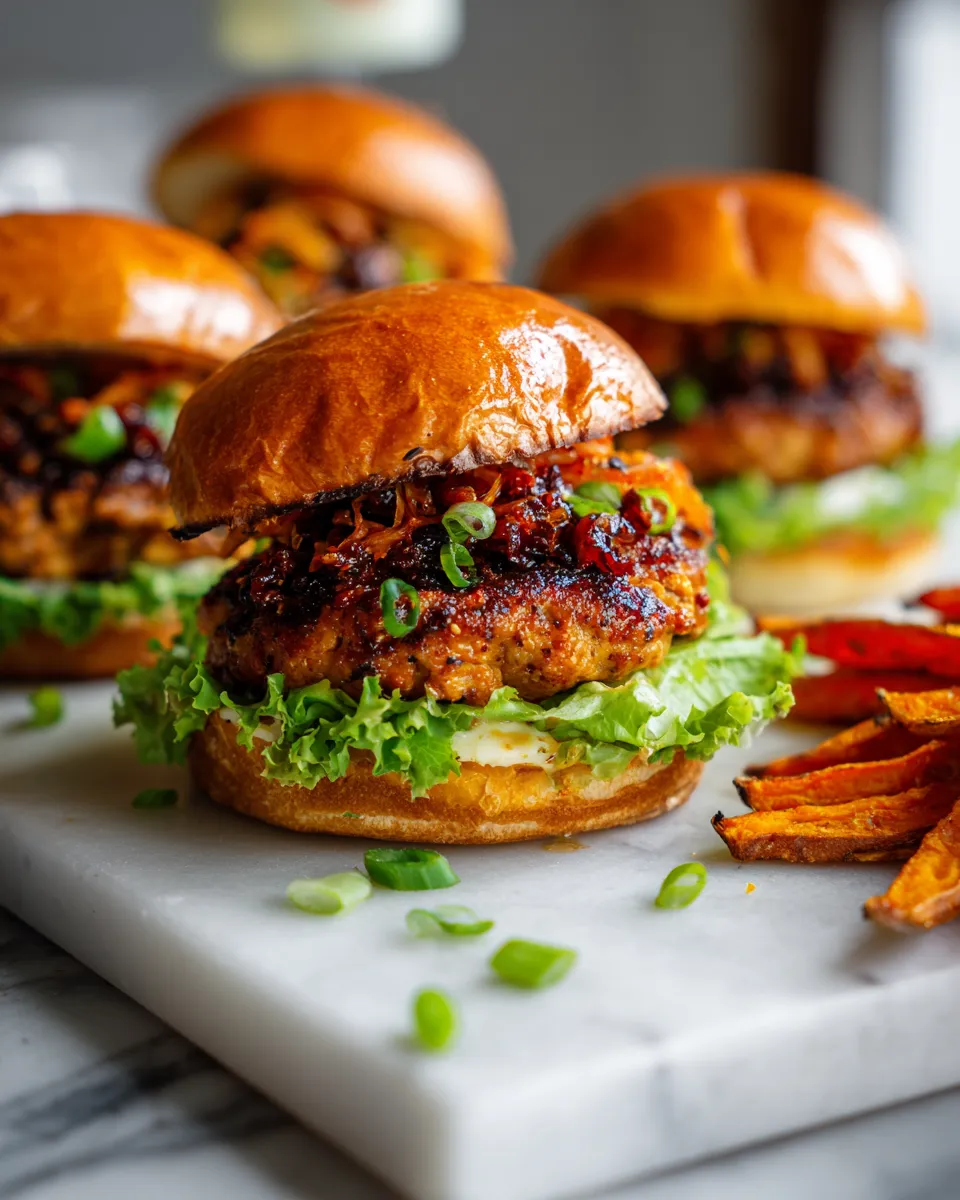 Delicious Gochujang Chicken Burgers with Kimchi Bacon Jam ready to serve, showcasing vibrant Korean flavors for festive dining.