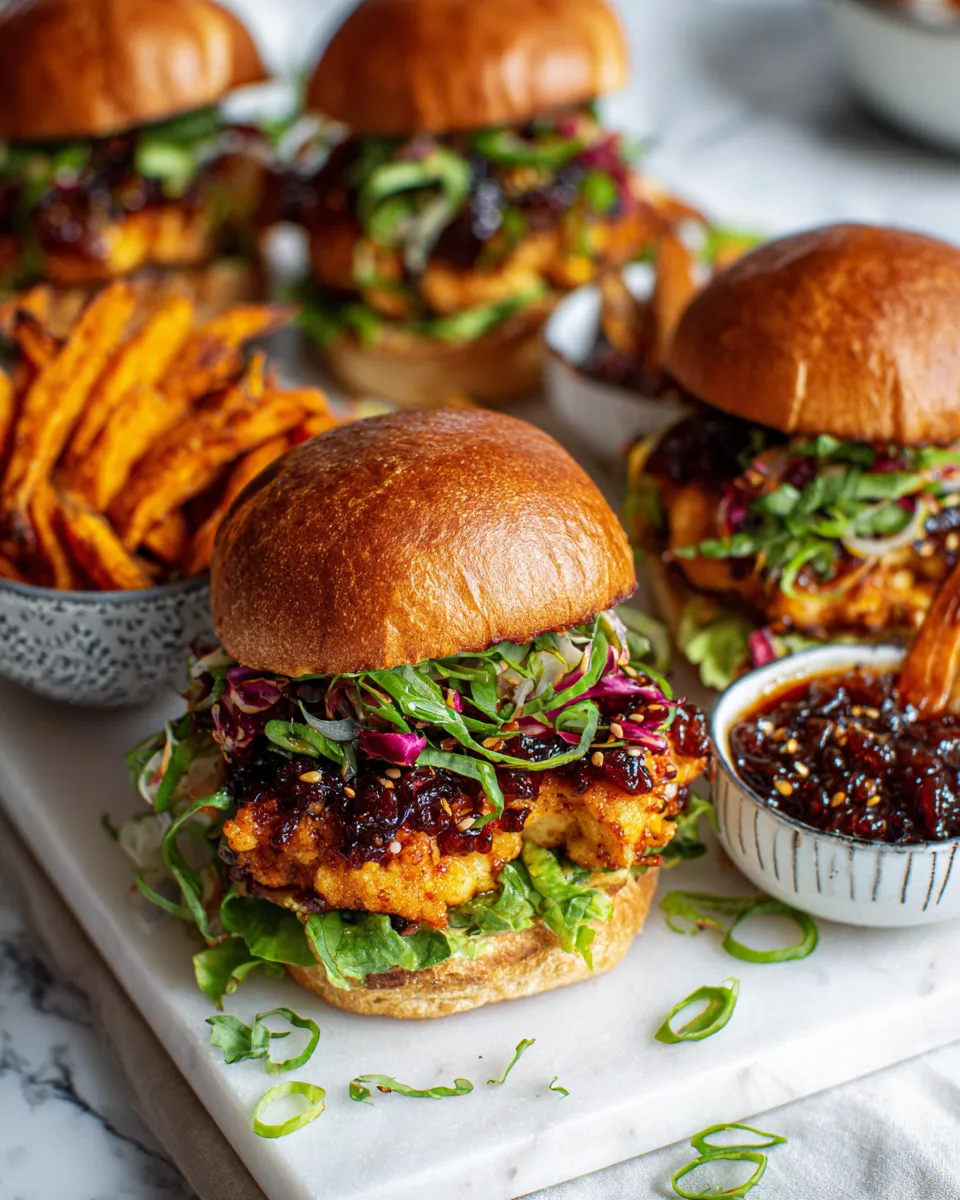 Delicious Gochujang Chicken Burgers with Kimchi Bacon Jam ready to serve, showcasing vibrant Korean flavors for festive dining.