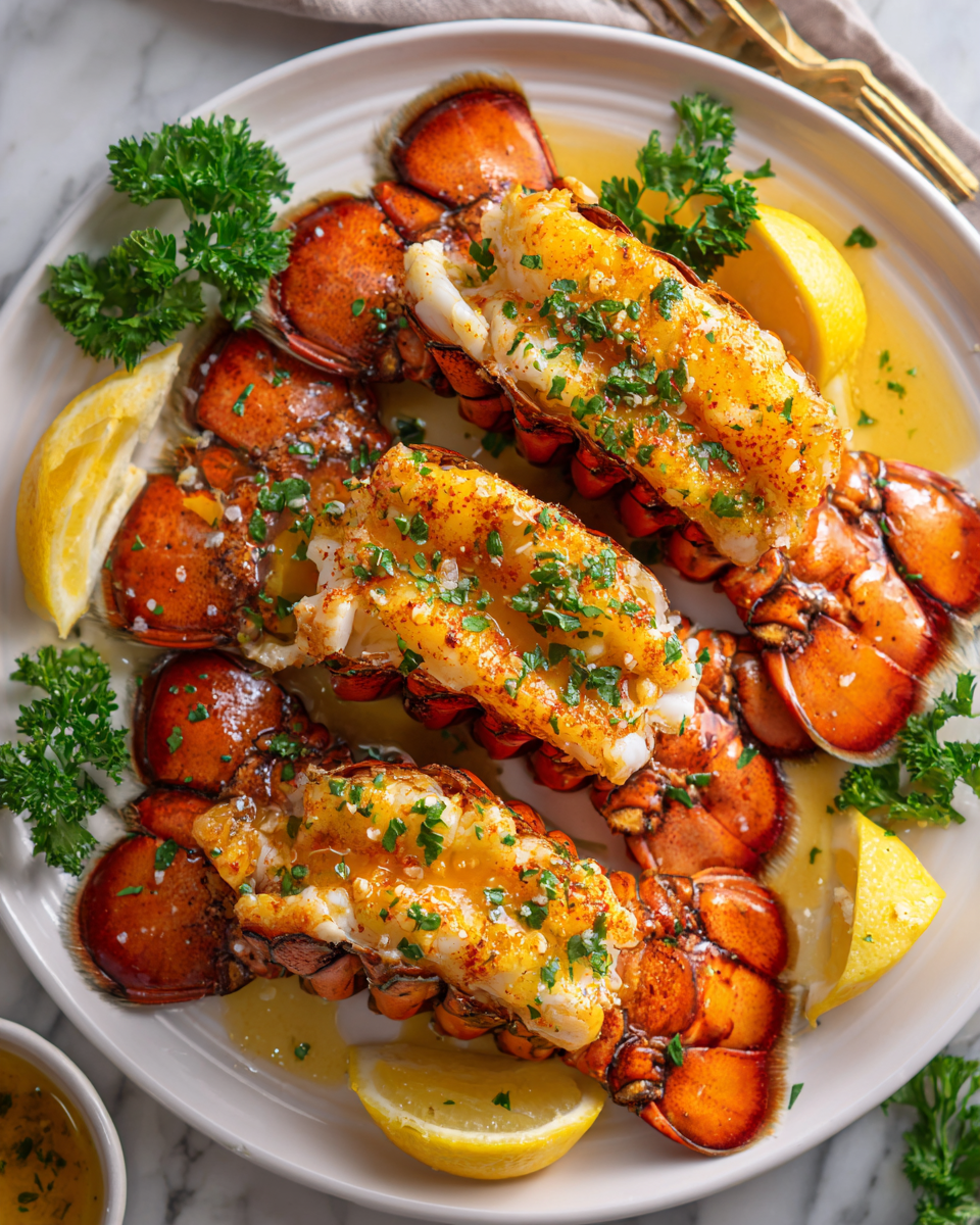 Delicious grilled lobster tails with garlic butter ready to serve, perfect for holiday dining, featuring succulent meat and rich flavors.