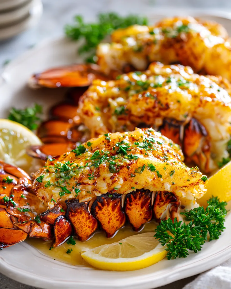 Delicious grilled lobster tails with garlic butter ready to serve, perfect for holiday dining, featuring succulent meat and rich flavors.