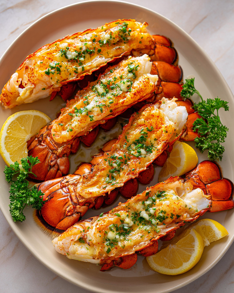 Delicious grilled lobster tails with garlic butter ready to serve, perfect for holiday dining, featuring succulent meat and rich flavors.