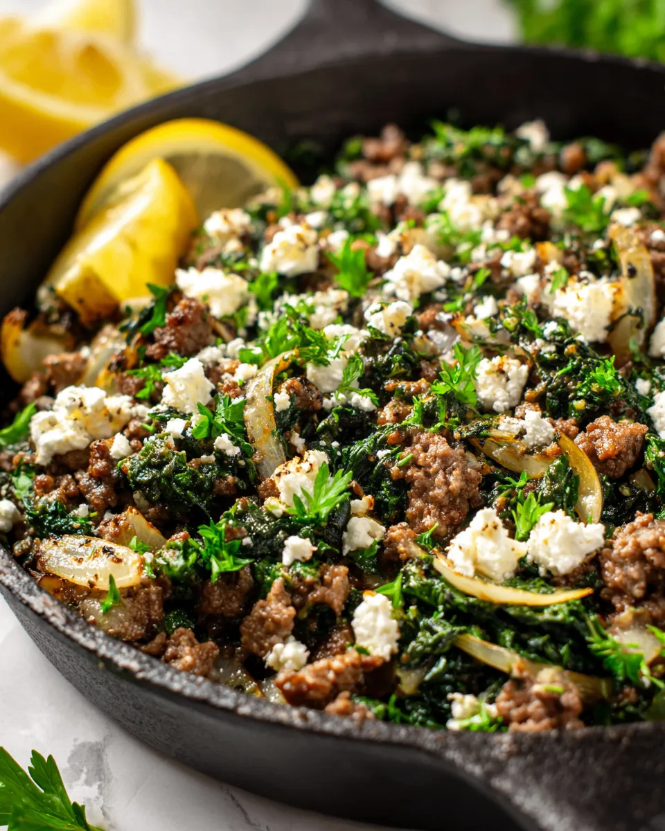 Skillet-cooked ground beef and spinach with feta cheese, a quick and delicious one-pan meal perfect for weeknights and holidays.
