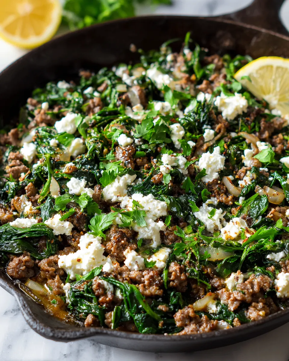Skillet-cooked ground beef and spinach with feta cheese, a quick and delicious one-pan meal perfect for weeknights and holidays.