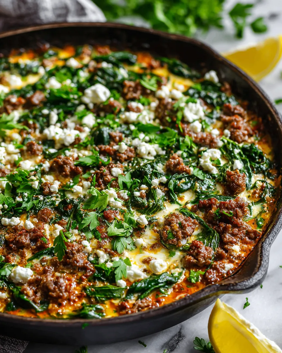 Skillet-cooked ground beef and spinach with feta cheese, a quick and delicious one-pan meal perfect for weeknights and holidays.