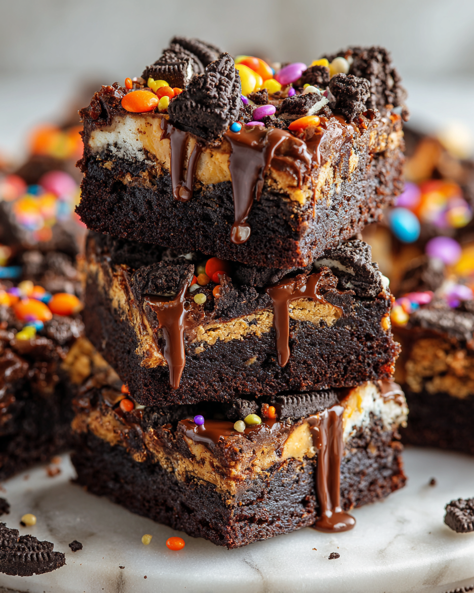 Delicious Oreo Reese’s fudge brownies, a perfect holiday dessert with rich chocolate and cookie flavors.