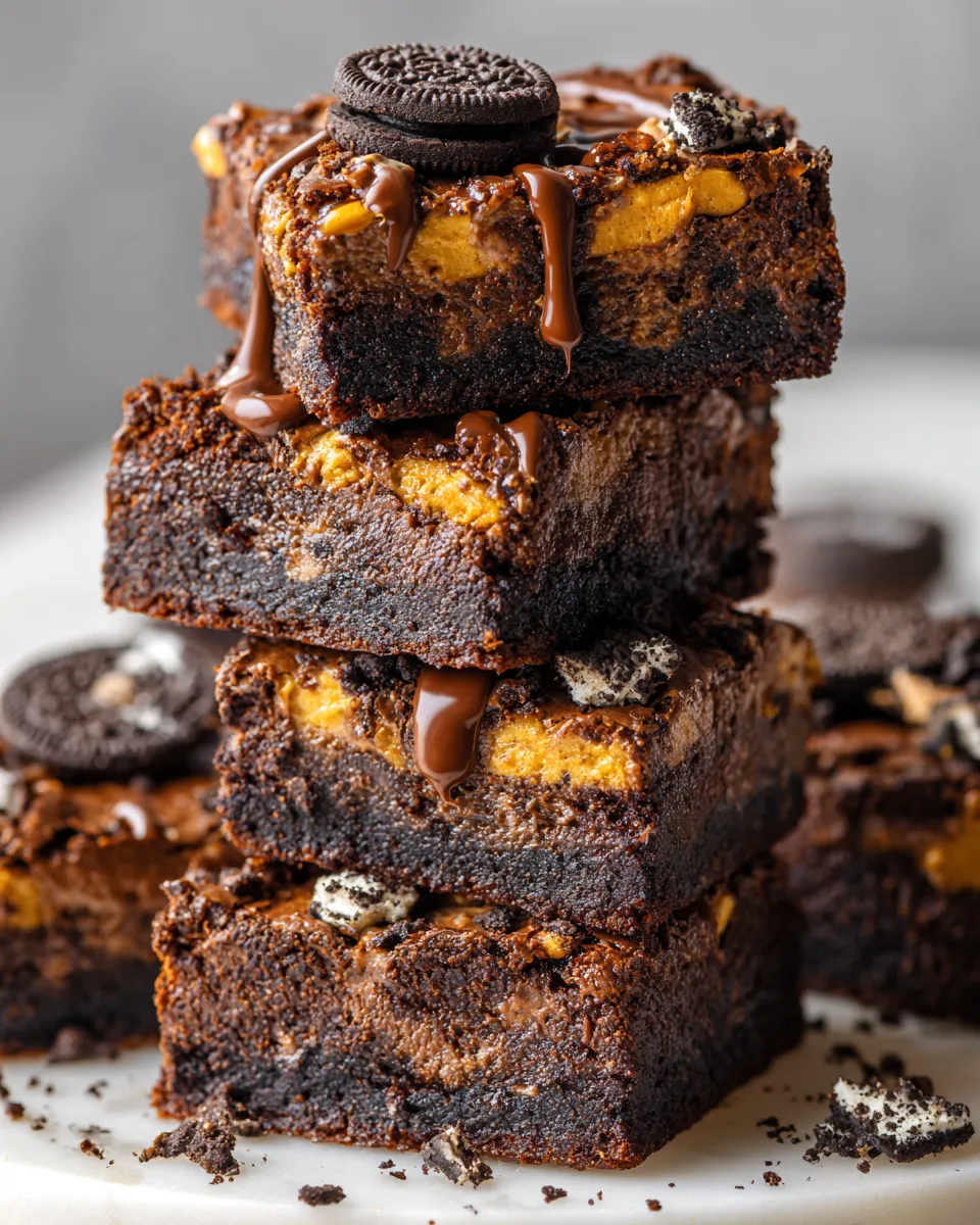 Delicious Oreo Reese’s fudge brownies, a perfect holiday dessert with rich chocolate and cookie flavors.
