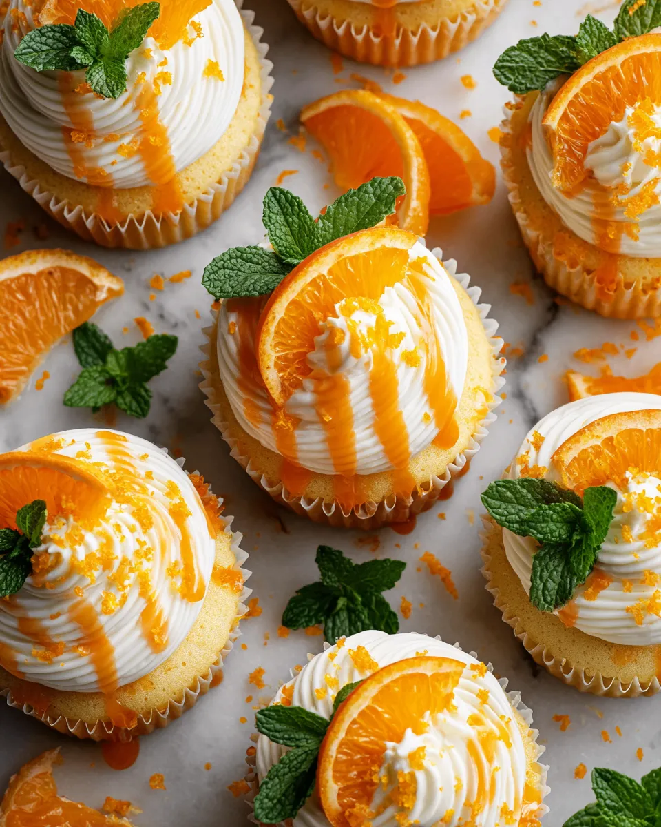 Delicious orange creamsicle cupcakes ready for holiday celebrations, featuring fluffy texture and citrusy flavor.