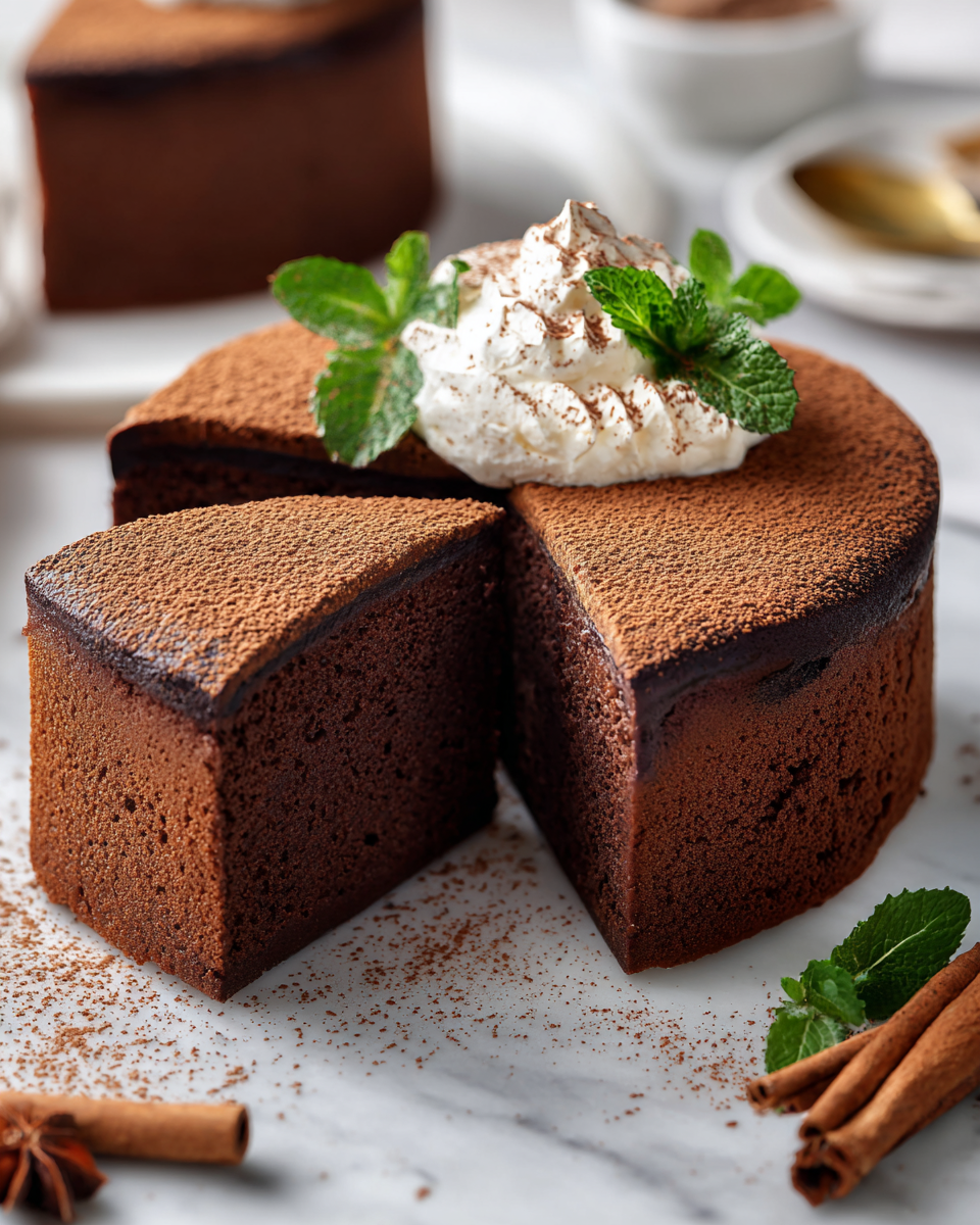 Sliced Chocolate Castella Cake on a plate with fresh berries