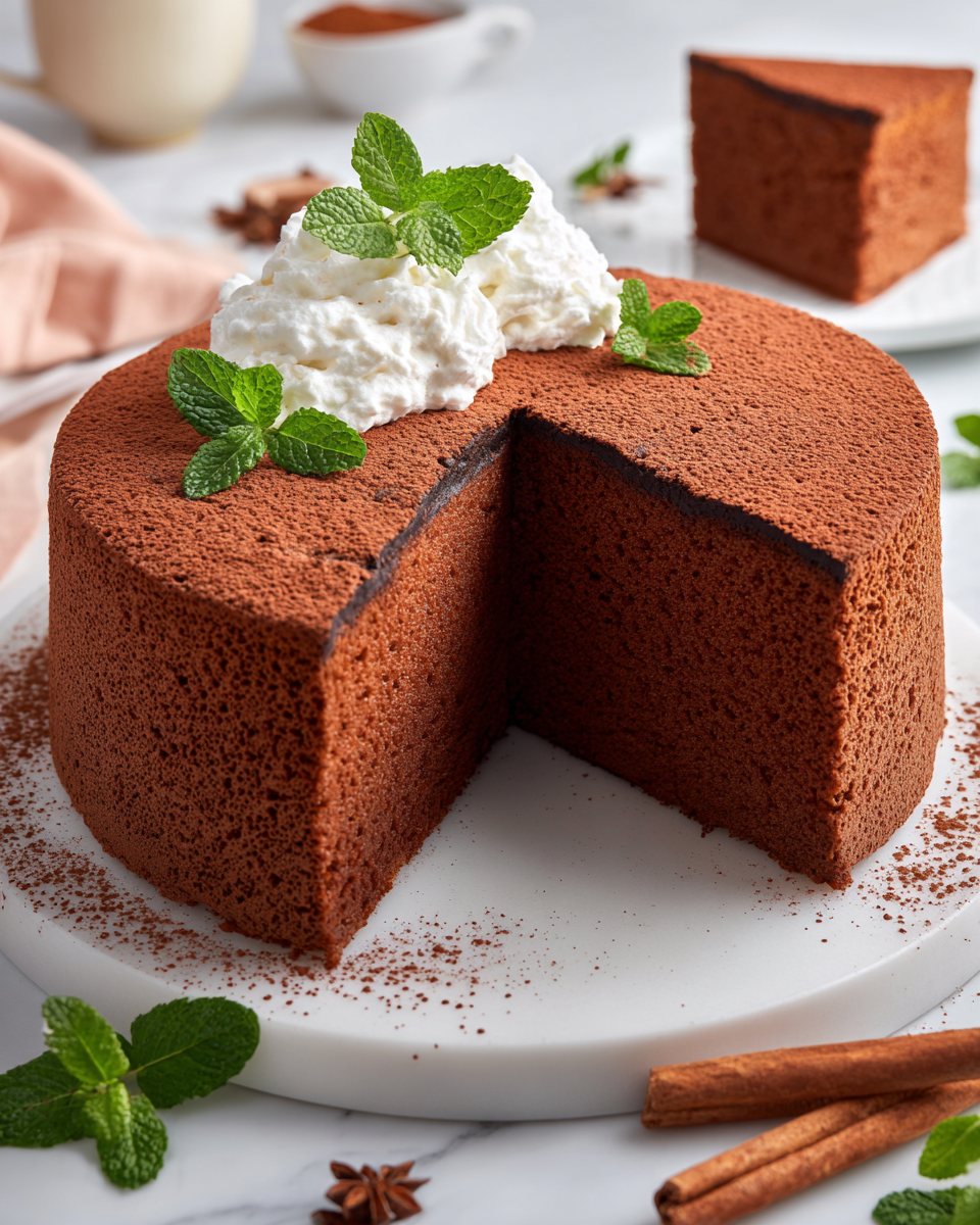 Sliced Chocolate Castella Cake on a plate with fresh berries