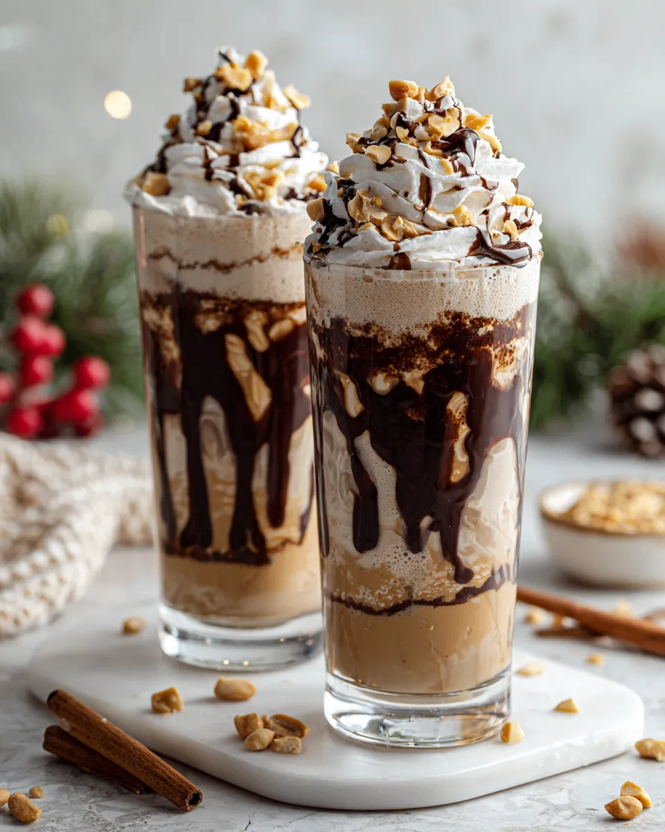 Delicious Reese's Peanut Butter Frappuccino with ice, whipped cream, and chocolate syrup, an easy homemade drink perfect for cozy seasons.