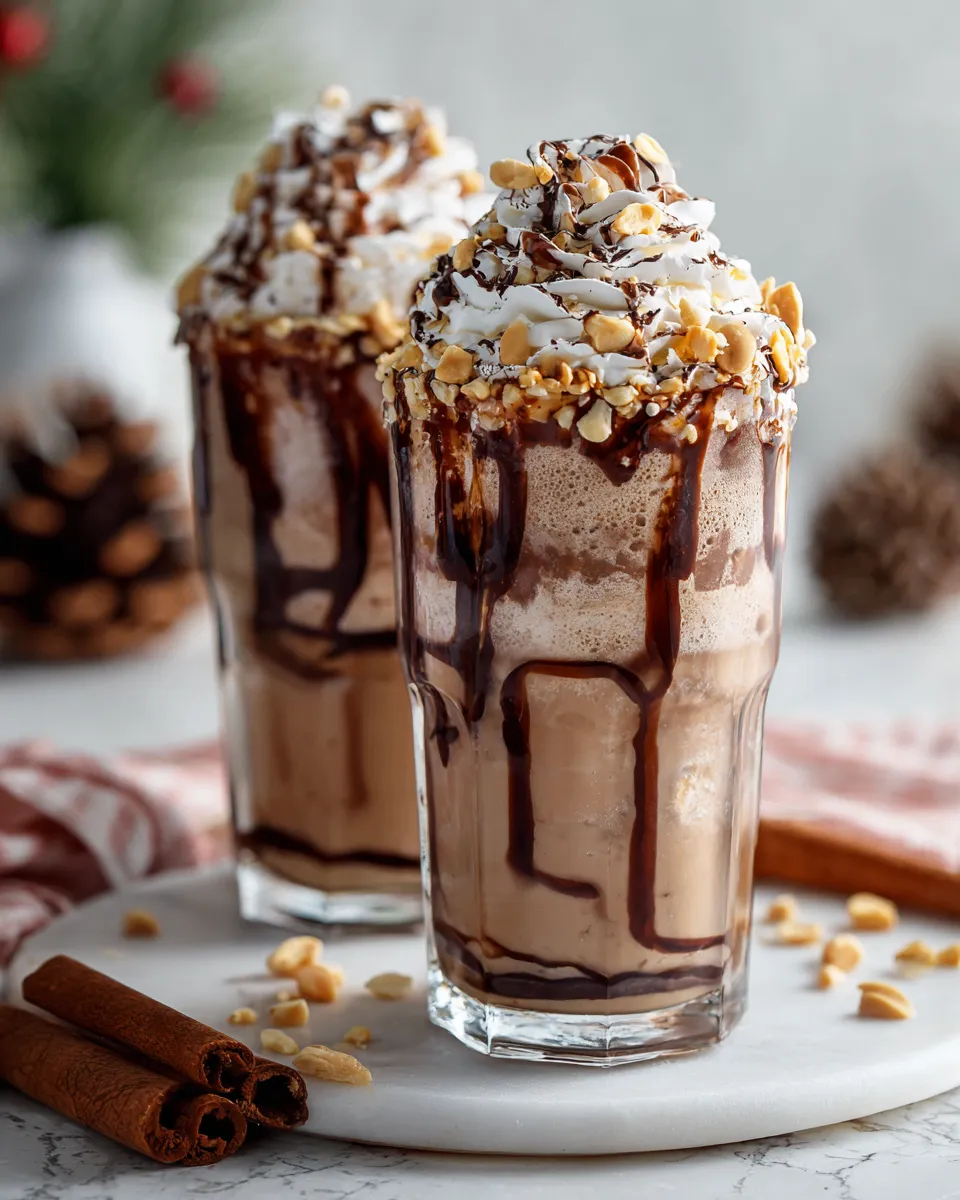 Delicious Reese's Peanut Butter Frappuccino with ice, whipped cream, and chocolate syrup, an easy homemade drink perfect for cozy seasons.