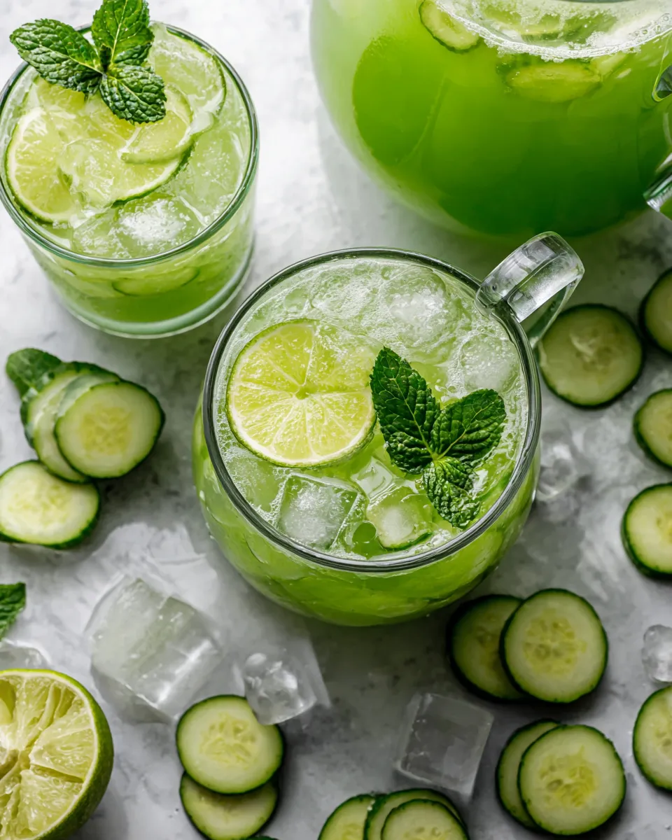 Refreshing cucumber agua fresca, a blend of cucumbers and lime, served over ice, perfect for hydration and gatherings.