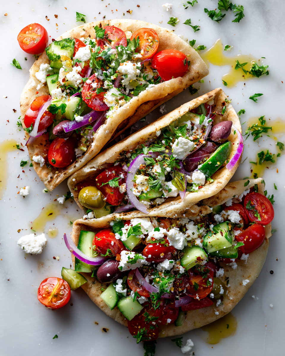 Greek salad pita pockets filled with fresh vegetables, feta cheese, and herbs, perfect for easy meal prep and holiday gatherings.
