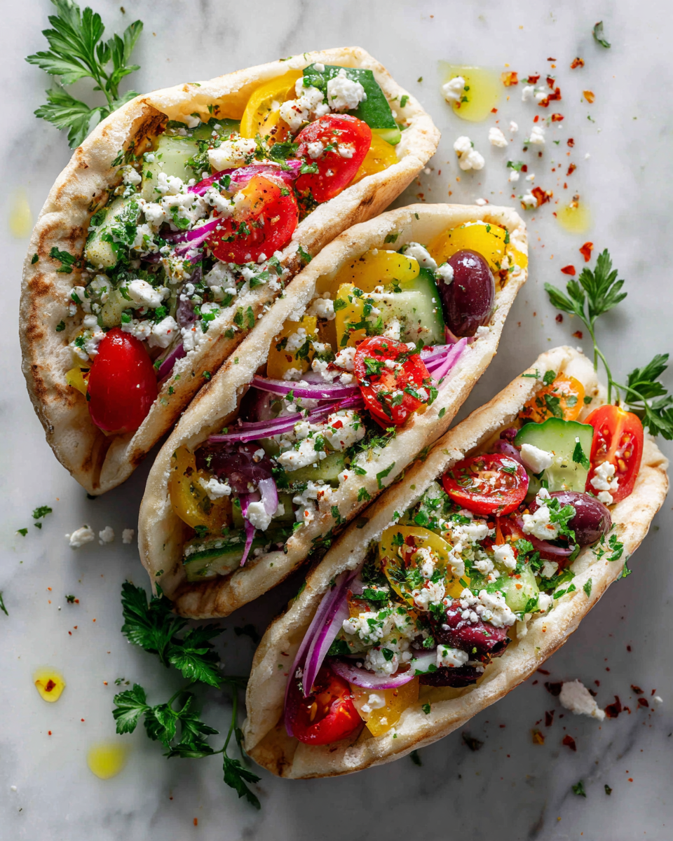Greek salad pita pockets filled with fresh vegetables, feta cheese, and herbs, perfect for easy meal prep and holiday gatherings.
