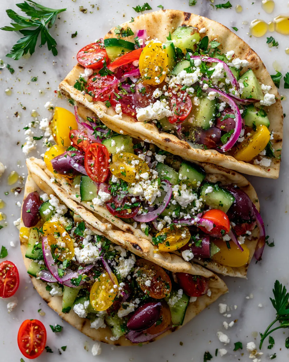 Greek salad pita pockets filled with fresh vegetables, feta cheese, and herbs, perfect for easy meal prep and holiday gatherings.