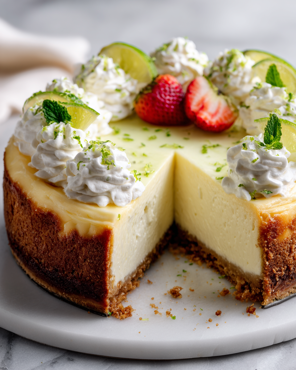 Refreshing Key Lime Cheesecake Recipe Zesty key lime cheesecake served with whipped cream and lime garnish