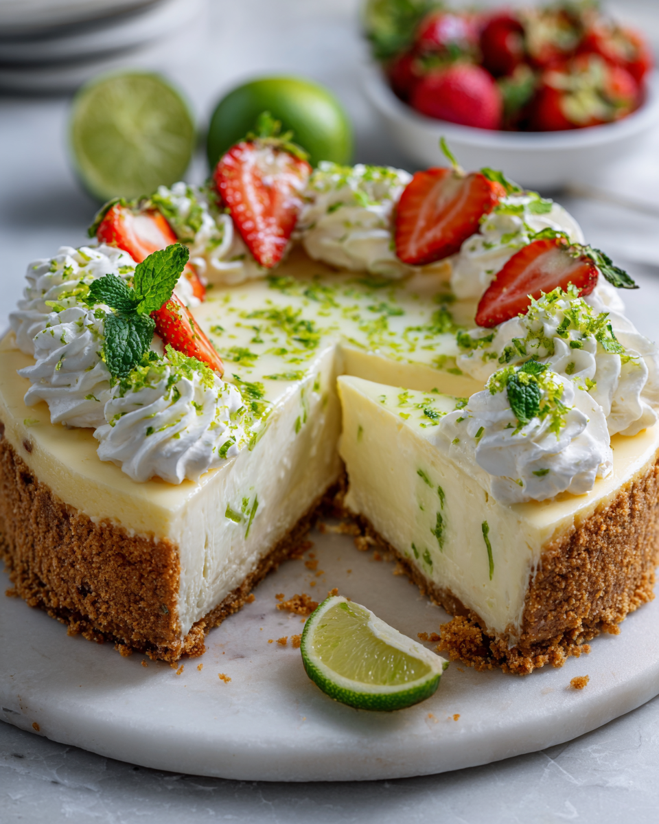 Refreshing Key Lime Cheesecake Recipe Zesty key lime cheesecake served with whipped cream and lime garnish