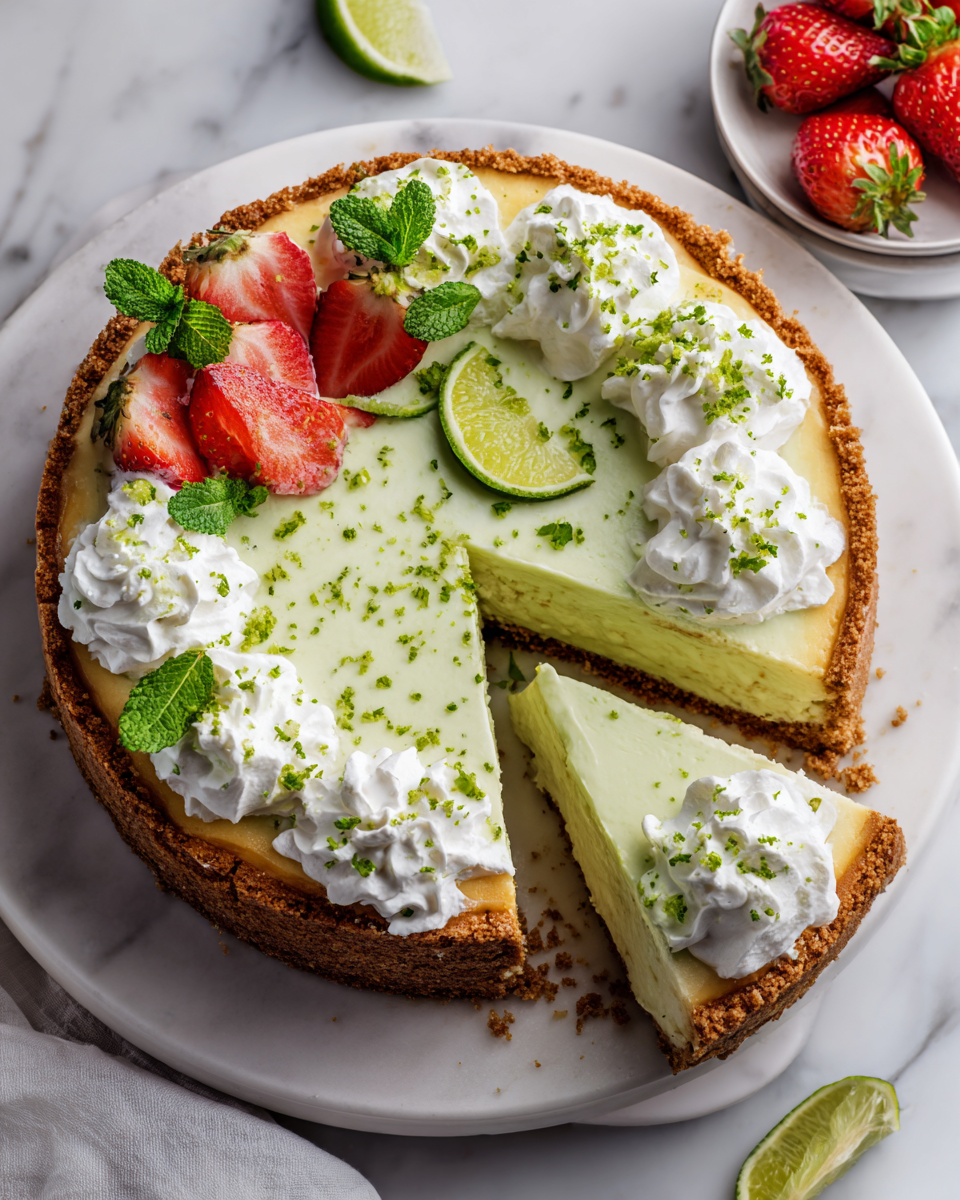 Refreshing Key Lime Cheesecake Recipe Zesty key lime cheesecake served with whipped cream and lime garnish