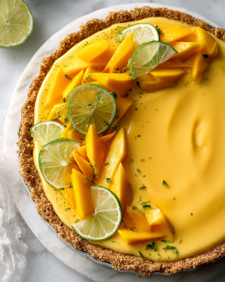Delicious Mango Key Lime Pie with a buttery crust and whipped cream