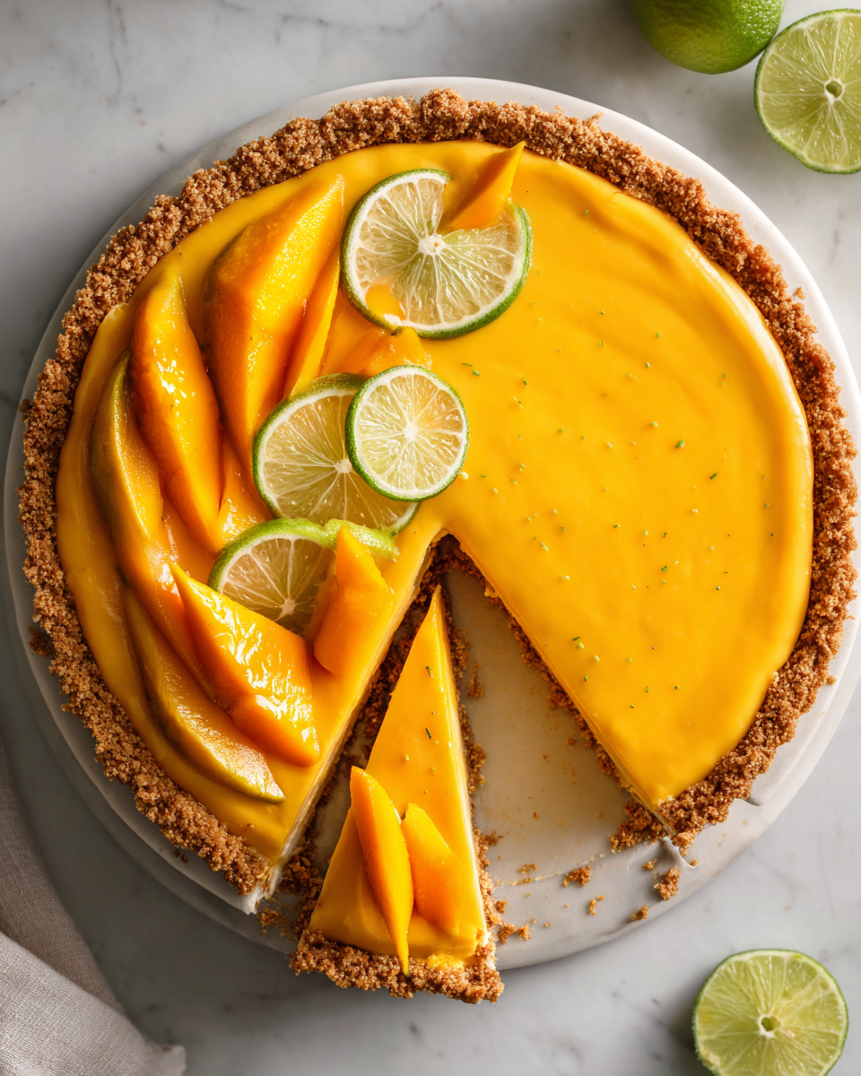 Delicious Mango Key Lime Pie with a buttery crust and whipped cream