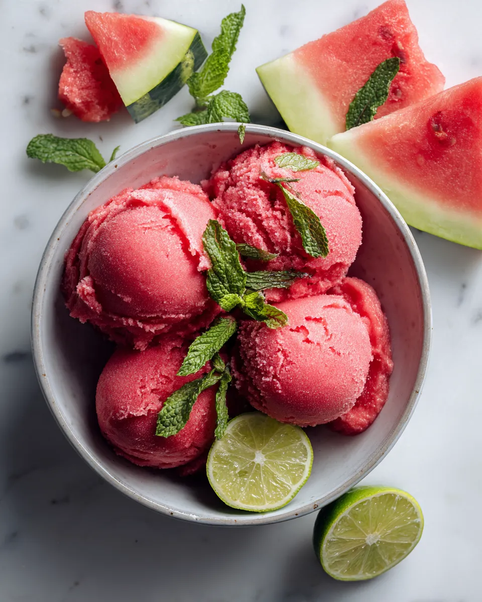 Delicious and refreshing watermelon sorbet dessert captures summer sweetness, perfect for holidays and as a palate cleanser, easy recipe.