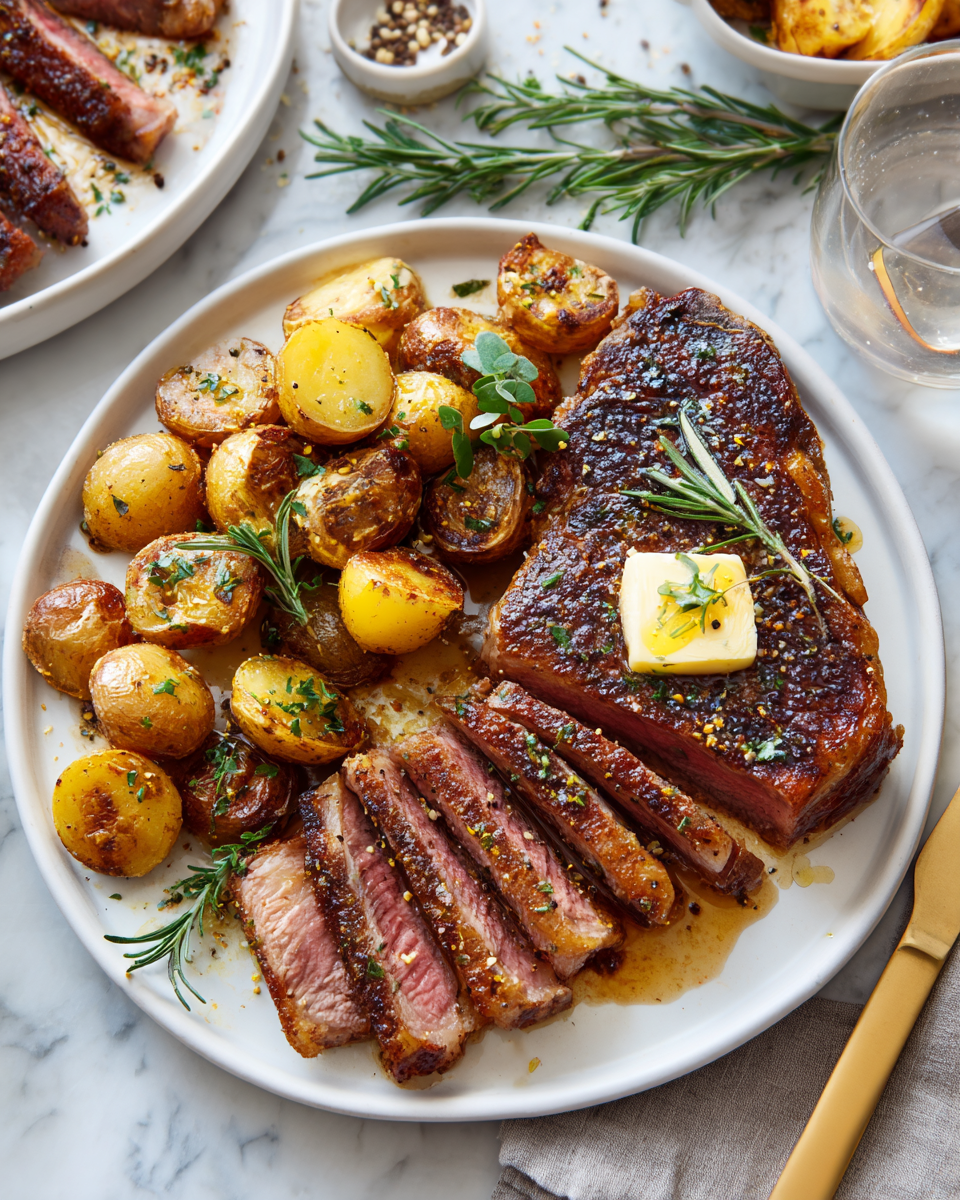 Delicious ribeye steak served with crispy Yukon Gold potatoes, a perfect hearty meal for any occasion.