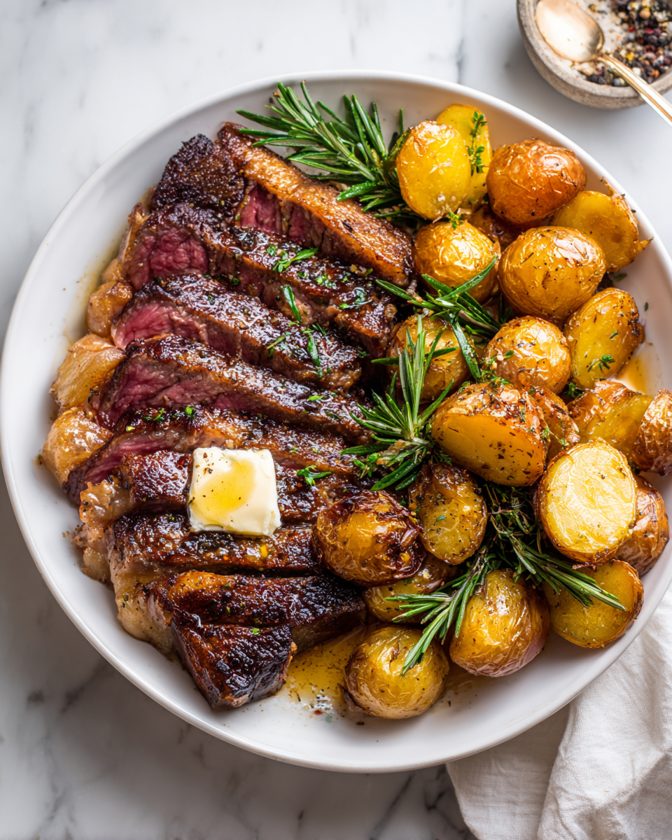 Delicious ribeye steak served with crispy Yukon Gold potatoes, a perfect hearty meal for any occasion.