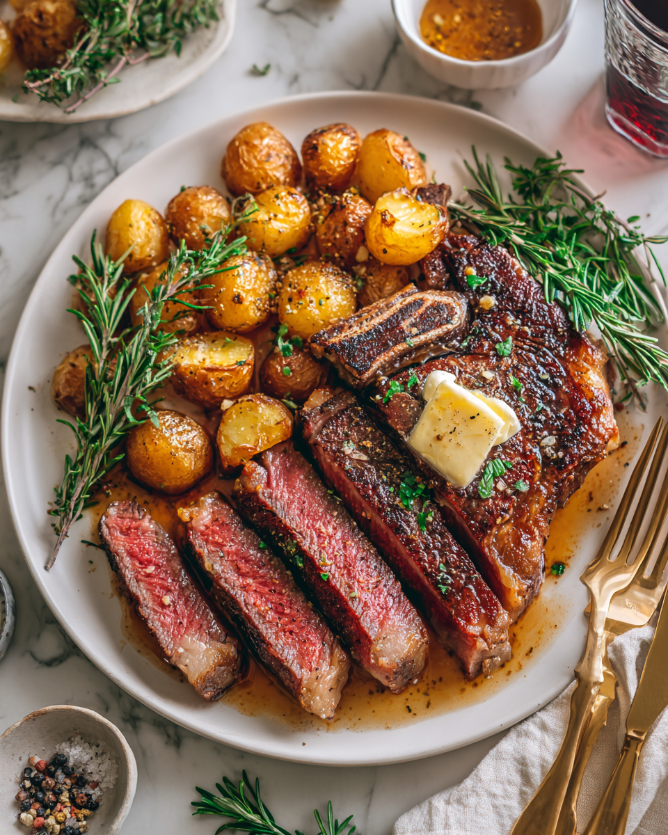 Delicious ribeye steak served with crispy Yukon Gold potatoes, a perfect hearty meal for any occasion.