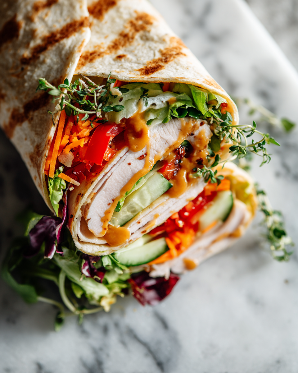 Delicious honey mustard turkey wrap with fresh veggies, ideal for quick holiday meals.