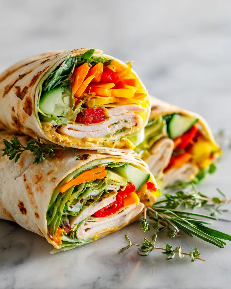 Delicious honey mustard turkey wrap with fresh veggies, ideal for quick holiday meals.