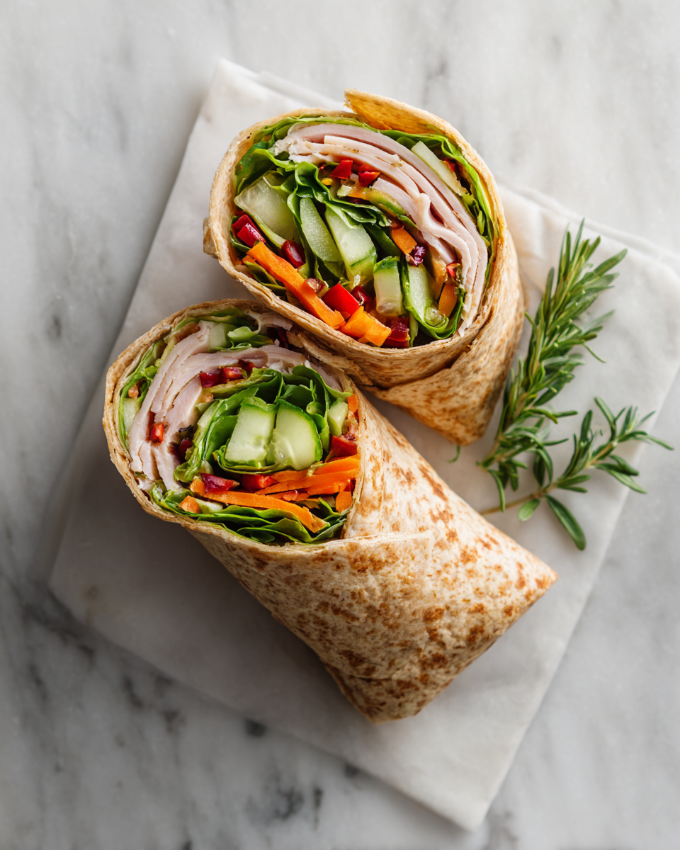 Delicious honey mustard turkey wrap with fresh veggies, ideal for quick holiday meals.