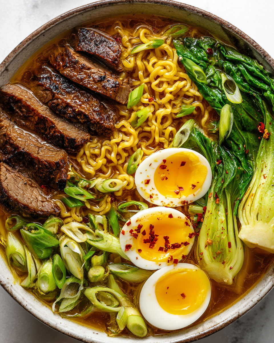 Delicious beef ramen noodles topped with fresh vegetables and soft-boiled eggs, perfect for a cozy meal.