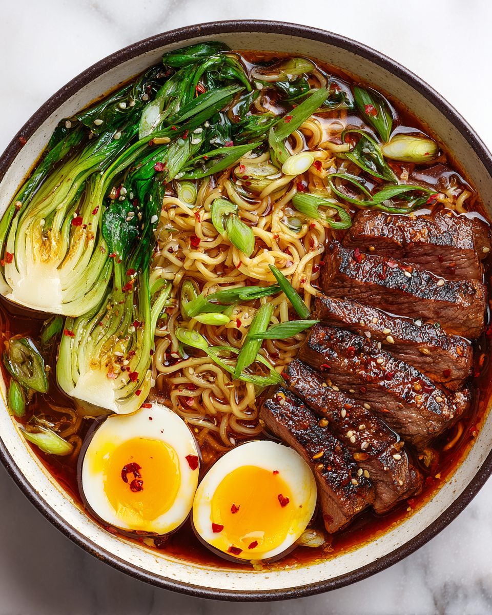 Delicious beef ramen noodles topped with fresh vegetables and soft-boiled eggs, perfect for a cozy meal.