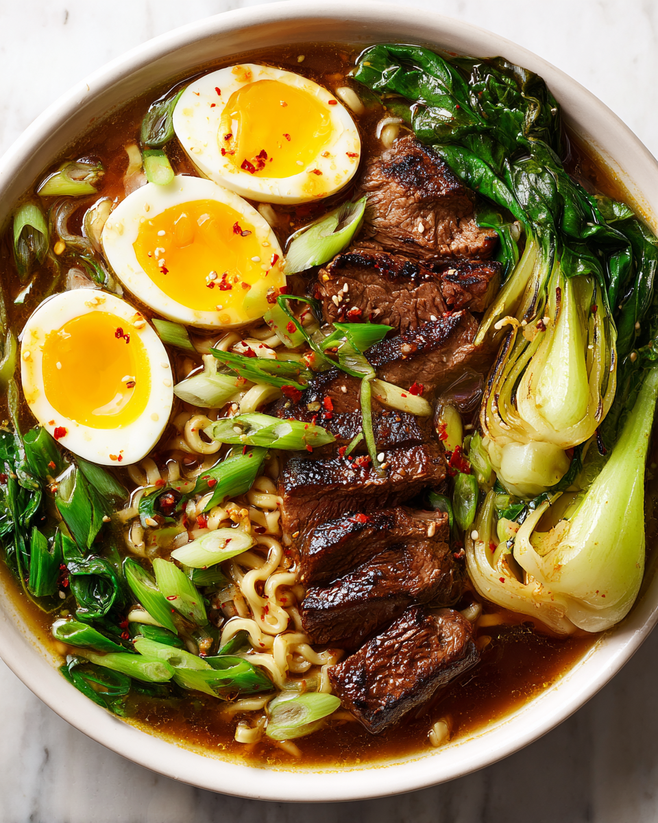 Delicious beef ramen noodles topped with fresh vegetables and soft-boiled eggs, perfect for a cozy meal.