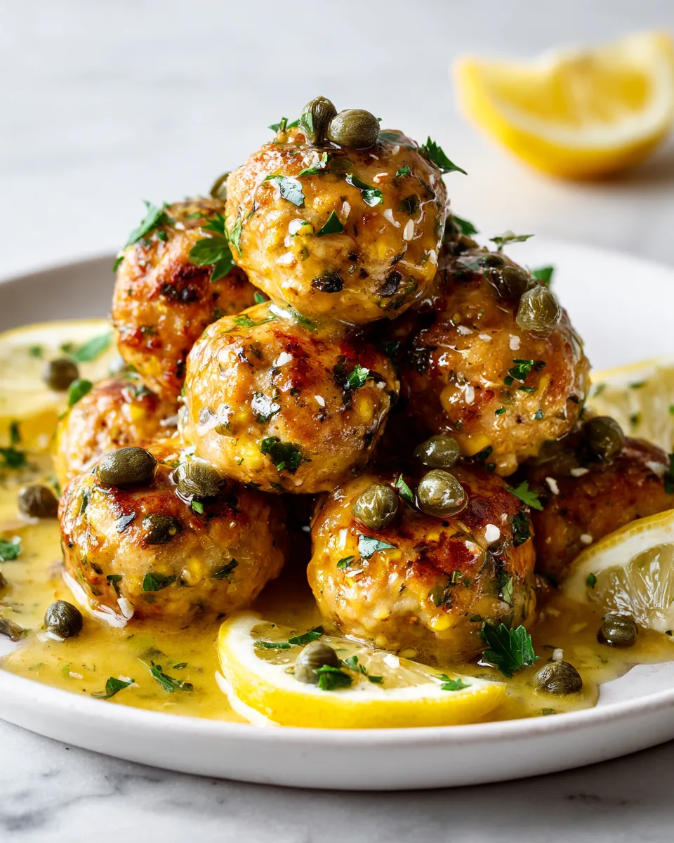 Delicious Chicken Piccata Meatballs cooked in a tangy lemon-caper sauce, perfect for festive gatherings and family meals.