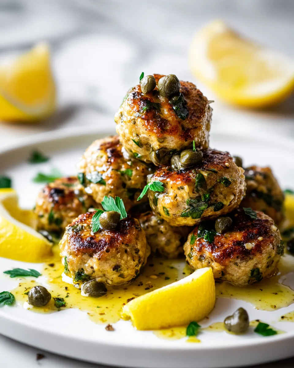Delicious Chicken Piccata Meatballs cooked in a tangy lemon-caper sauce, perfect for festive gatherings and family meals.