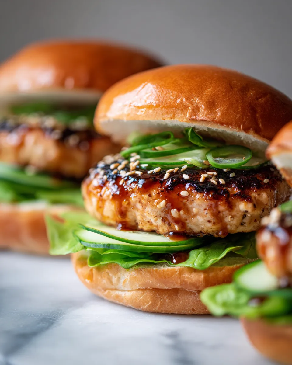 Delicious Chicken Teriyaki Burgers topped with fresh veggies and homemade teriyaki sauce.