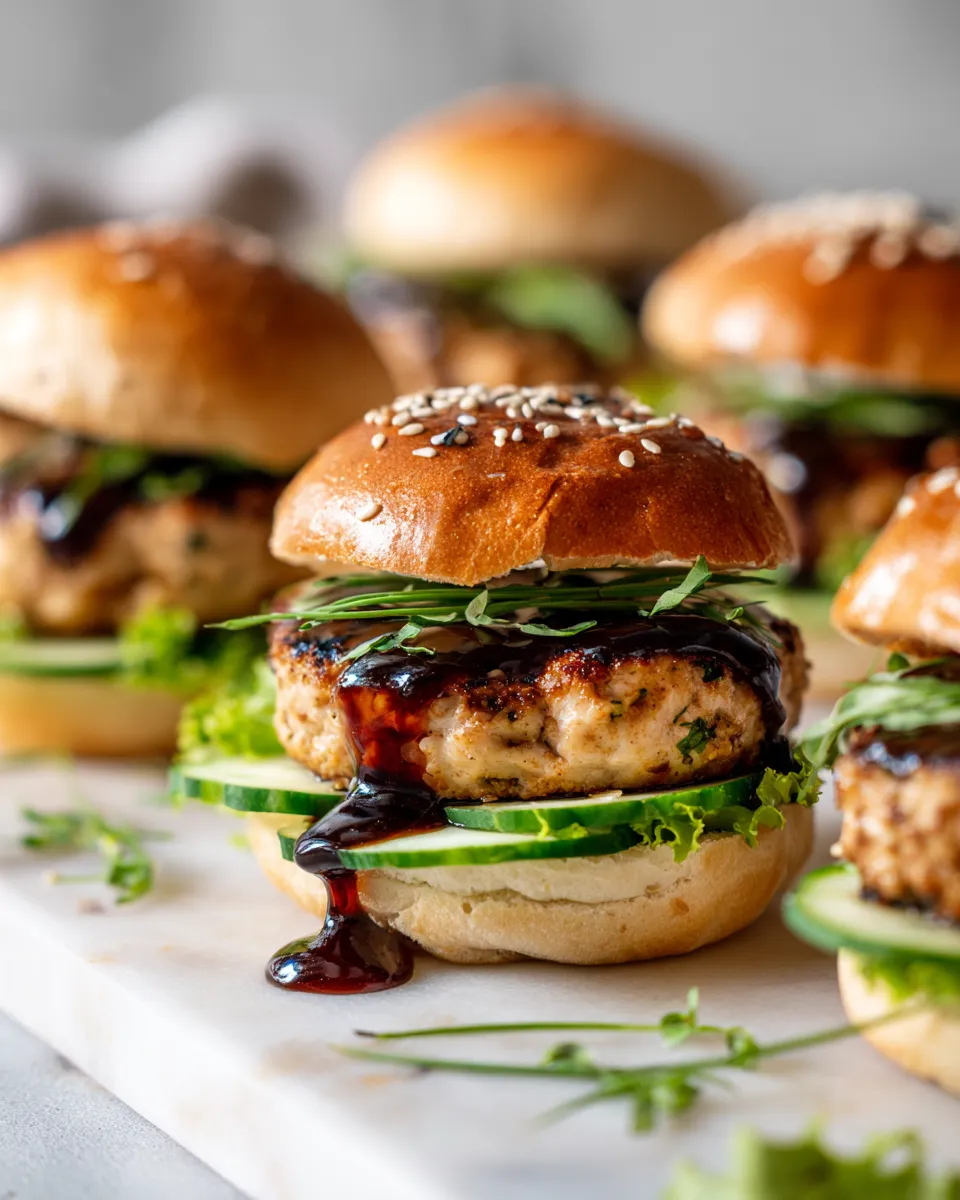 Delicious Chicken Teriyaki Burgers topped with fresh veggies and homemade teriyaki sauce.