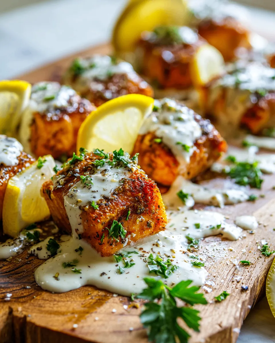 Seared salmon bites with garlic cream sauce, perfect holiday appetizer, quick and easy seafood recipe, festive dining experience, savory flavors